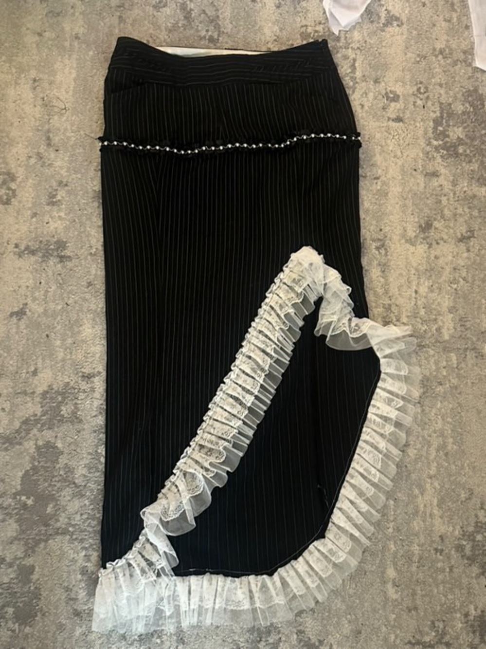 Black Pinstripe Pencil Skirt with White Lace Trim